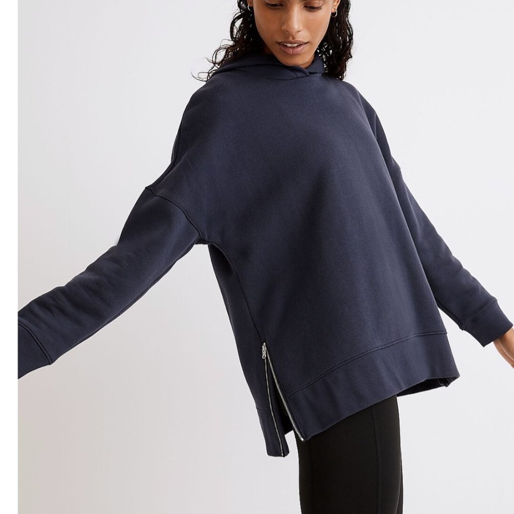 Madewell Betterterry Side-Zip Navy Blue Hoodie Sweatshirt Sz M